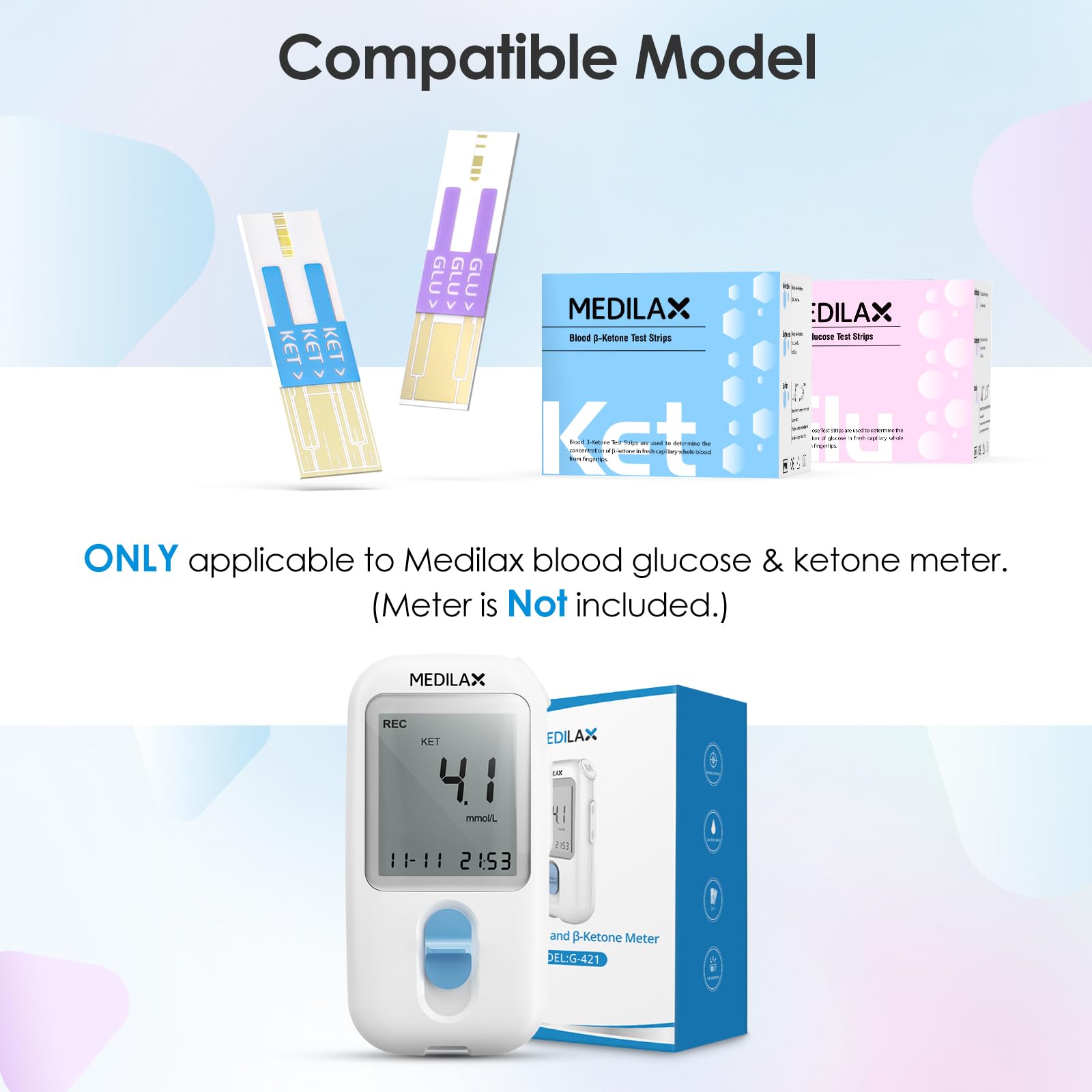 Medilax Blood Ketone and Sugar Strips, Only for Medilax Keto Test and Glucose Meter, 60 Count Diabetic Strips, 60 Count Blood Ke