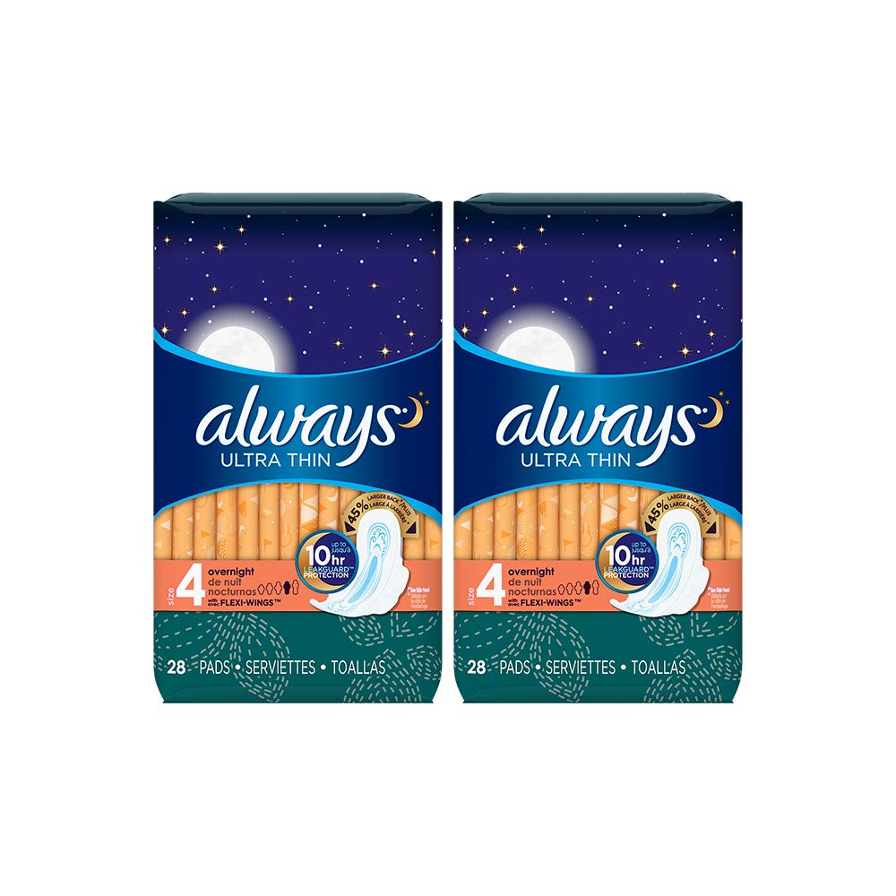 Always Ultra Thin Feminine Pads for Women, Size 4, Overnight Absorbency, with Wings, Unscented, 28 Count-Pack of 2 (56 Count Tot