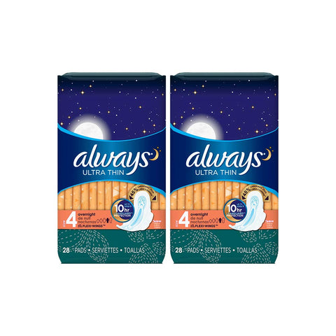 Always Ultra Thin Feminine Pads for Women, Size 4, Overnight Absorbency, with Wings, Unscented, 28 Count-Pack of 2 (56 Count Tot