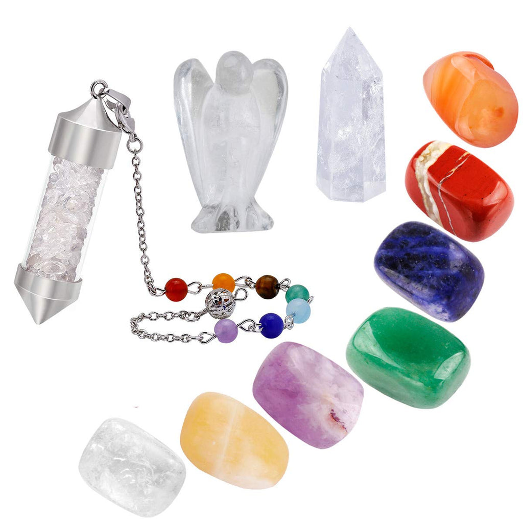 mookaitedecor 10 Pieces Rock Quartz Healing Crystals Kit, 7 Chakra Tumbled Stones, Pendulum, Pocket Guardian Angel, Crystal Wand