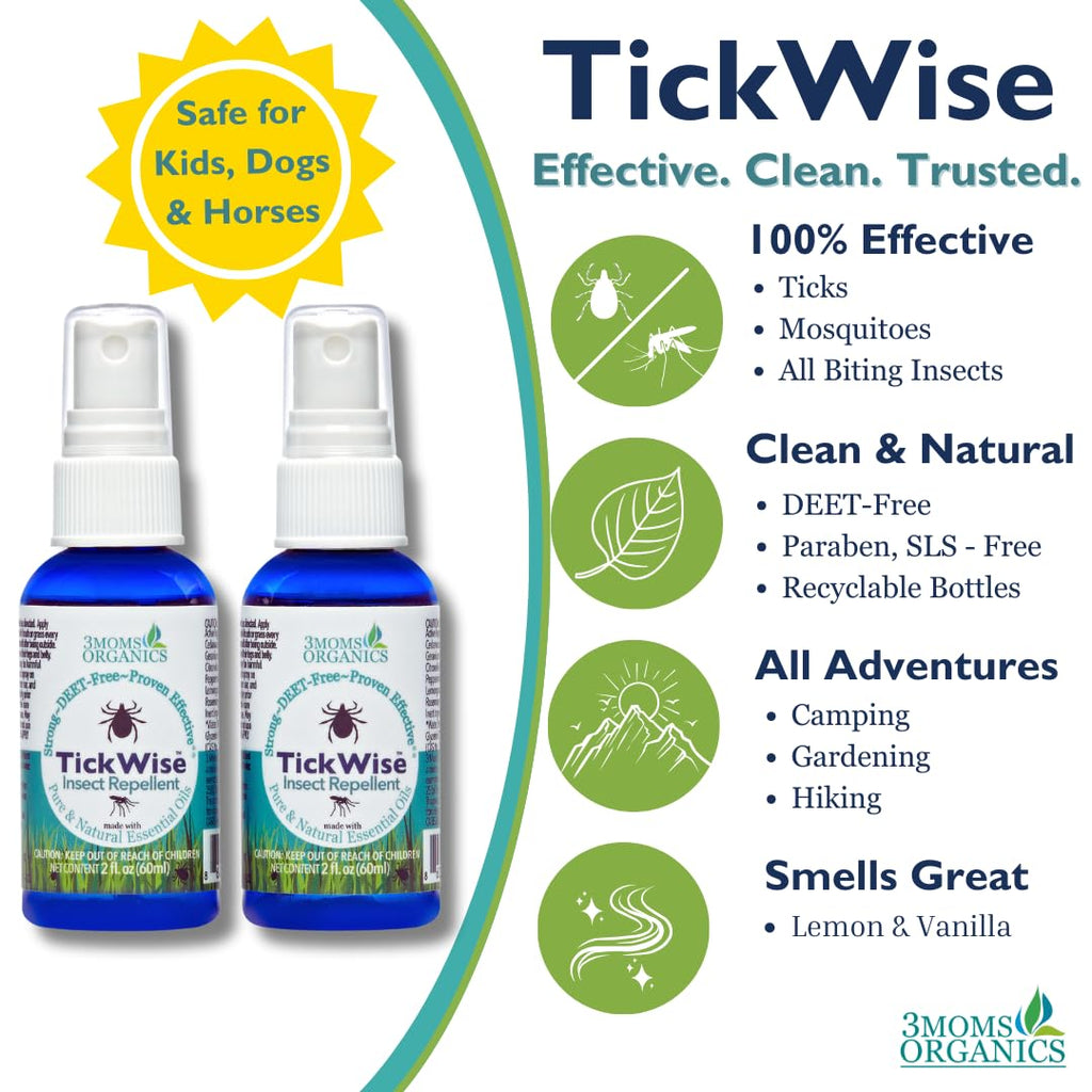 3 Moms Organics, TickWise 2oz Extra Strength Happy Campers 2-Pack - DEET- Free, Tick and Insect Repellent, Plant Based Essential
