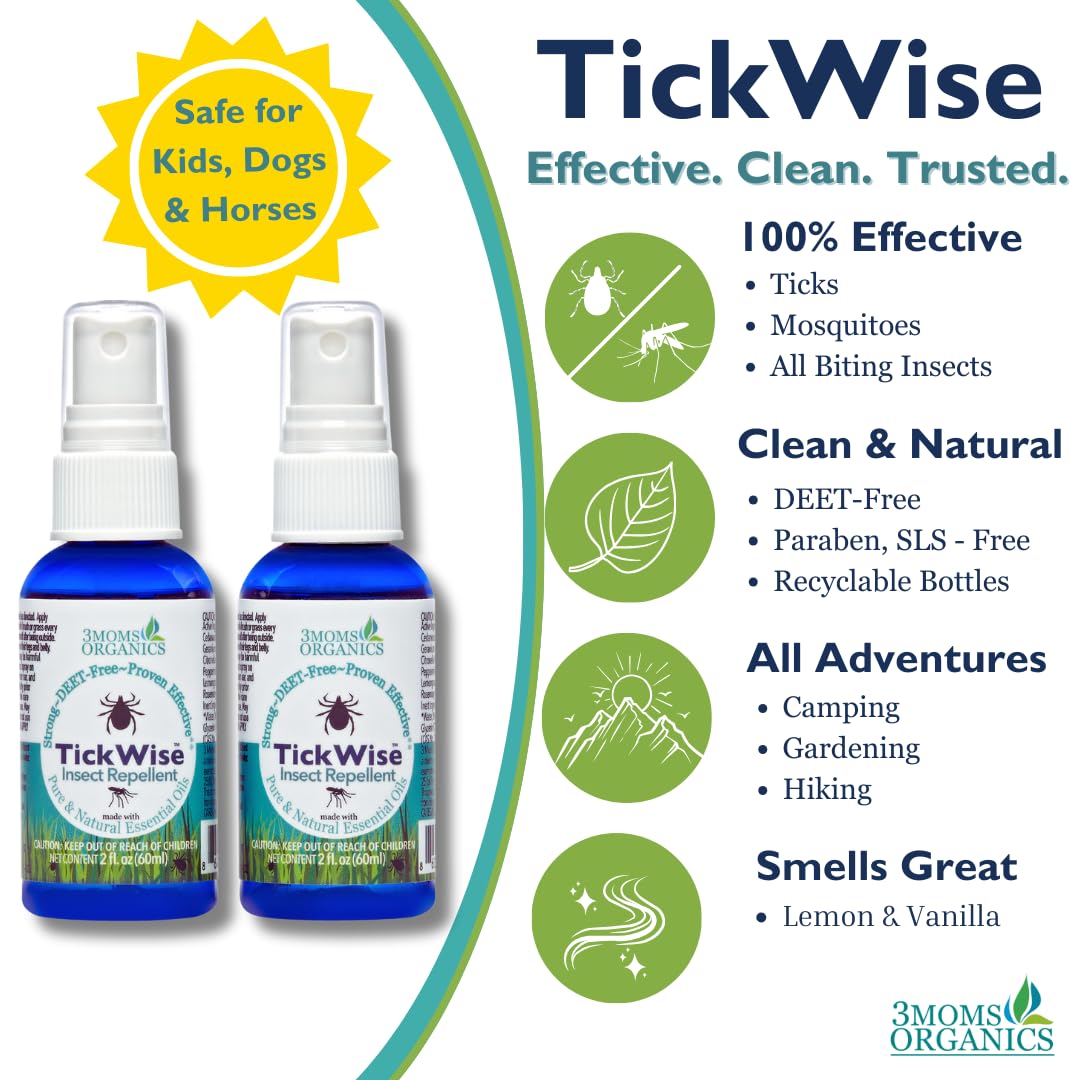 3 Moms Organics, TickWise 2oz Extra Strength Happy Campers 2-Pack - DEET- Free, Tick and Insect Repellent, Plant Based Essential