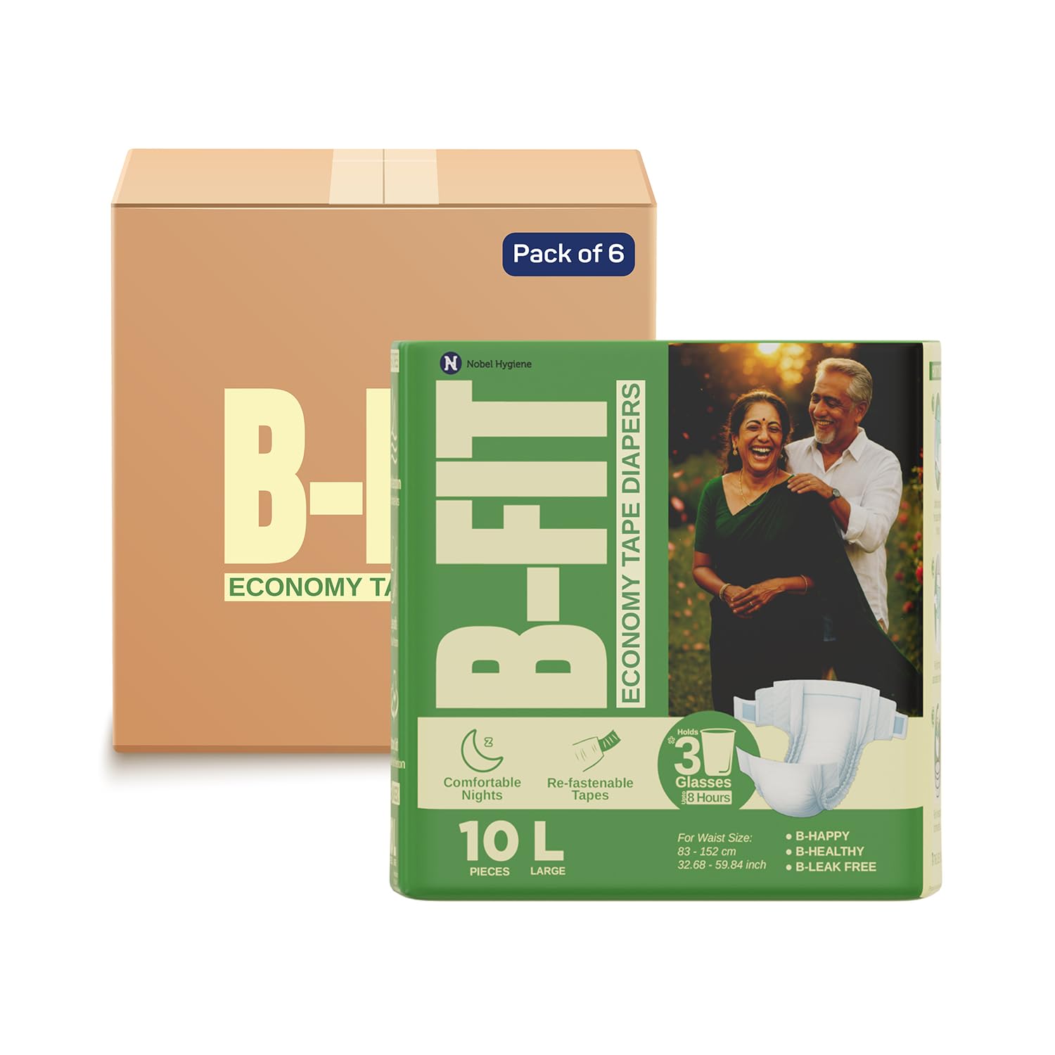 BFit Economy Adult Diaper L Size Tape Style | 60 (Large) | Waist 32.6859.84 Inch | Refastenable Tapes, Cottony Comfort, Gel Co