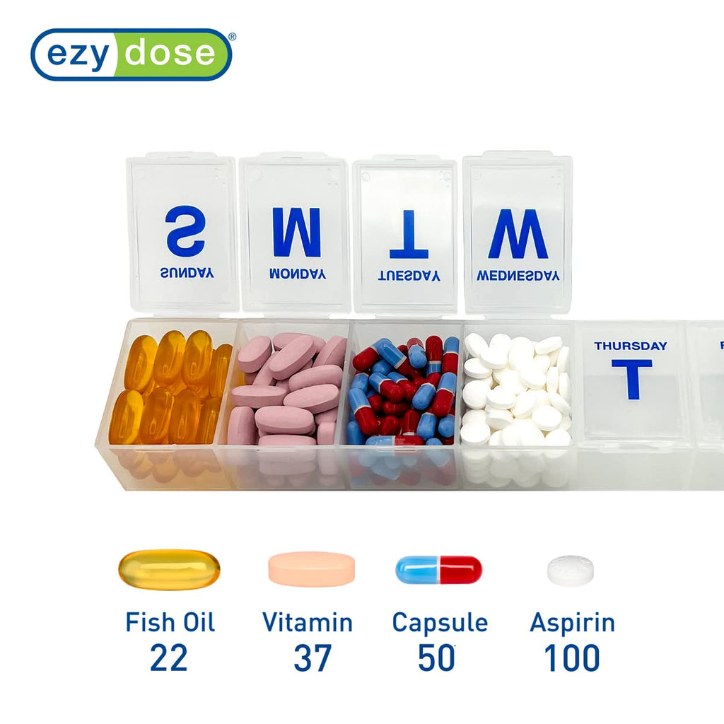 EZY DOSE Weekly (7-Day) Pill Case, Medicine Planner, Vitamin Organizer Box, 3X-Large Compartments to Secure Prescription Medicat