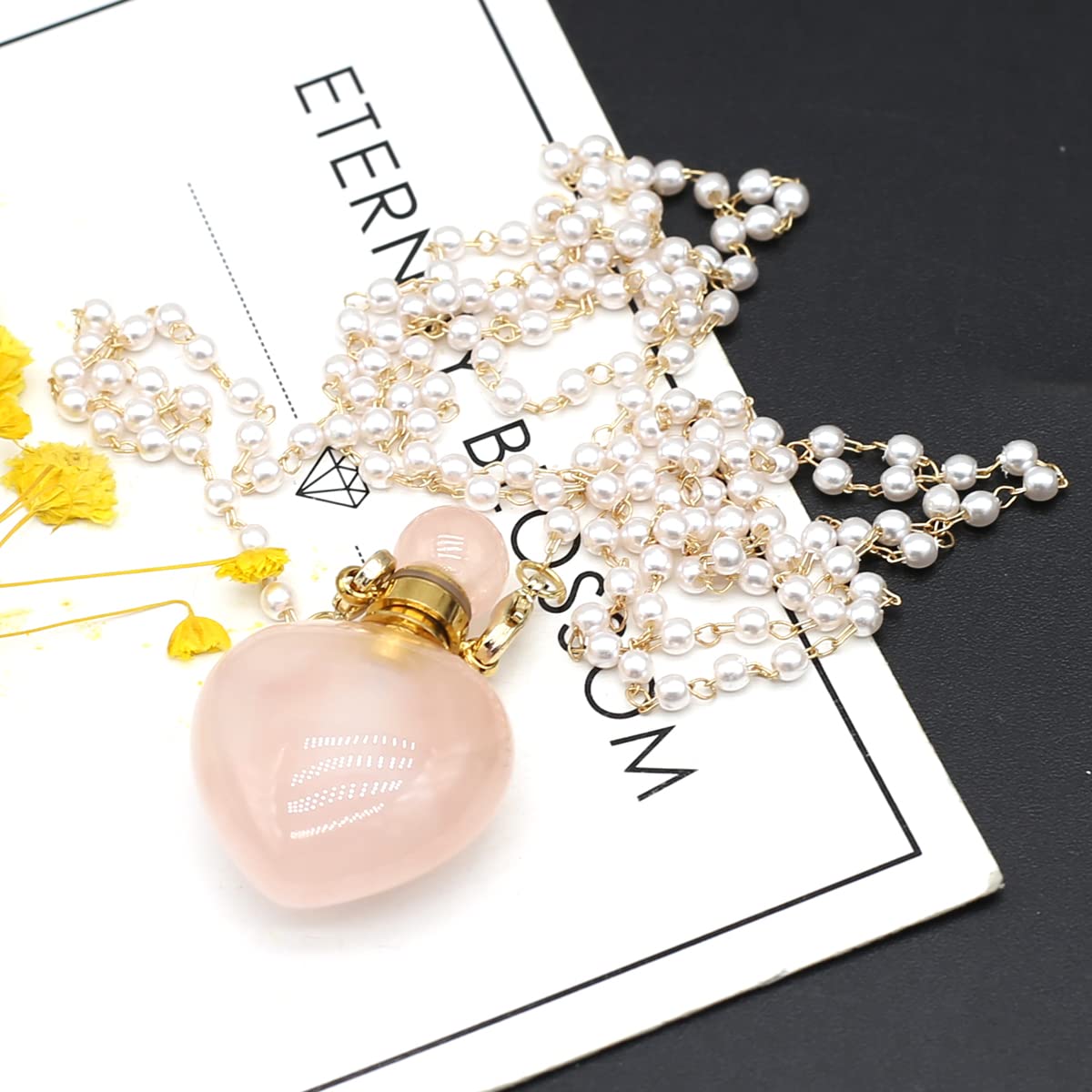 1pcs Natural Rose Quartz Stone Perfume Bottle Pendant Pearl Bead Chain Rectangle Heart Necklace for Women StonHealinge Essential