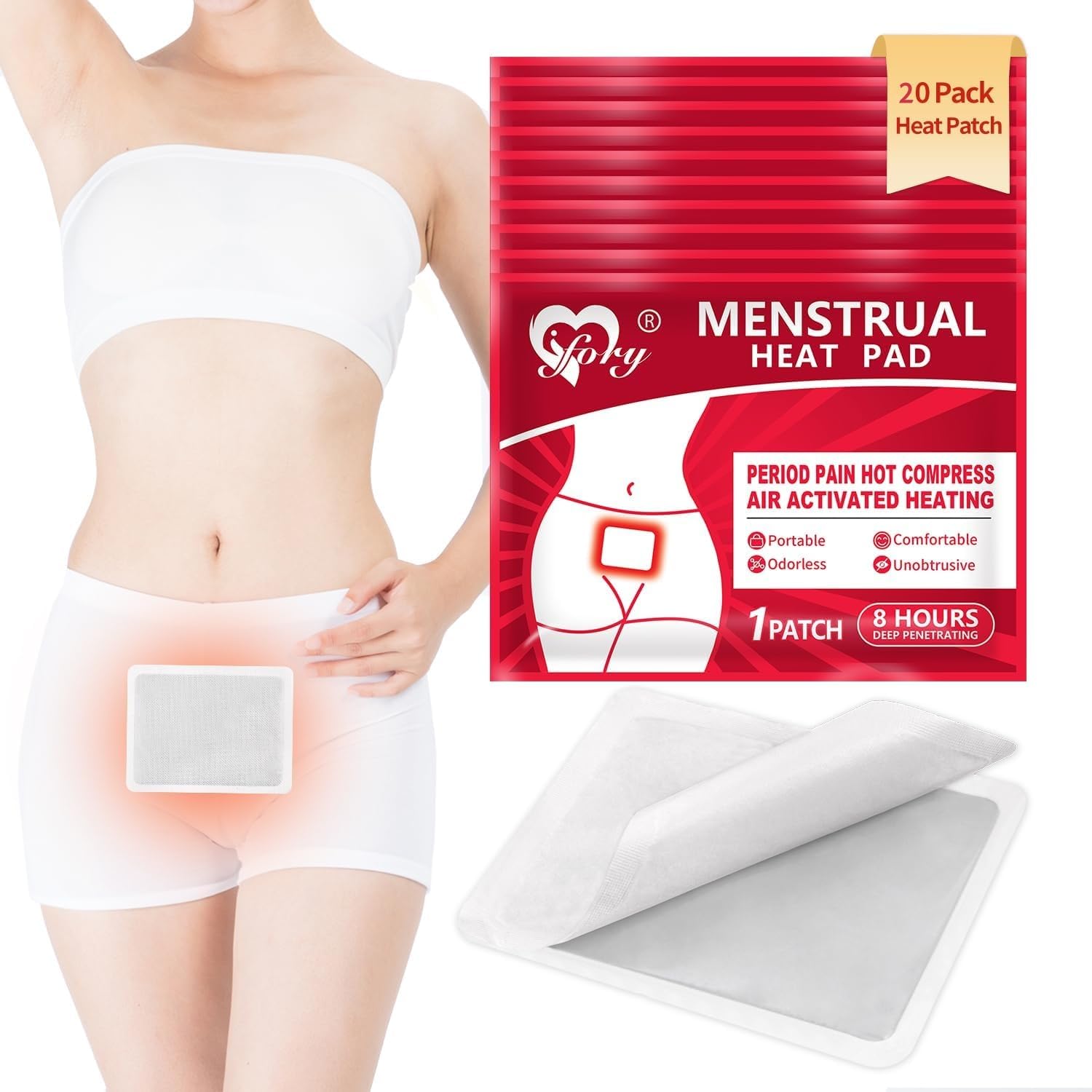 IFORY Heat Patches for Menstrual Cramp Relief, Adhesive Heating Patches for Period Cramps, Portable Instant Hot Packs, Travel Si