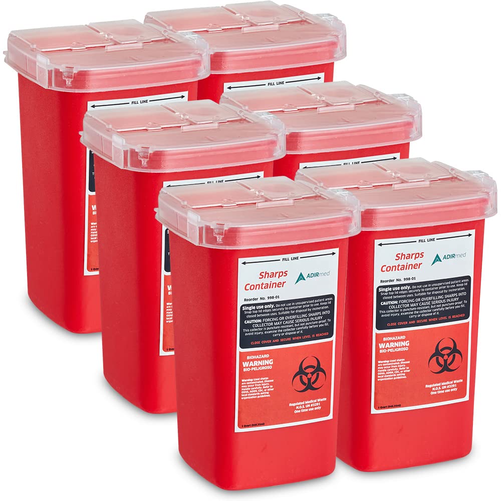 AdirMed Sharps Disposal Container with Flip Open Lid - Biohazard and Syringe Disposal Container - Ideal for Home, Clinic, Office