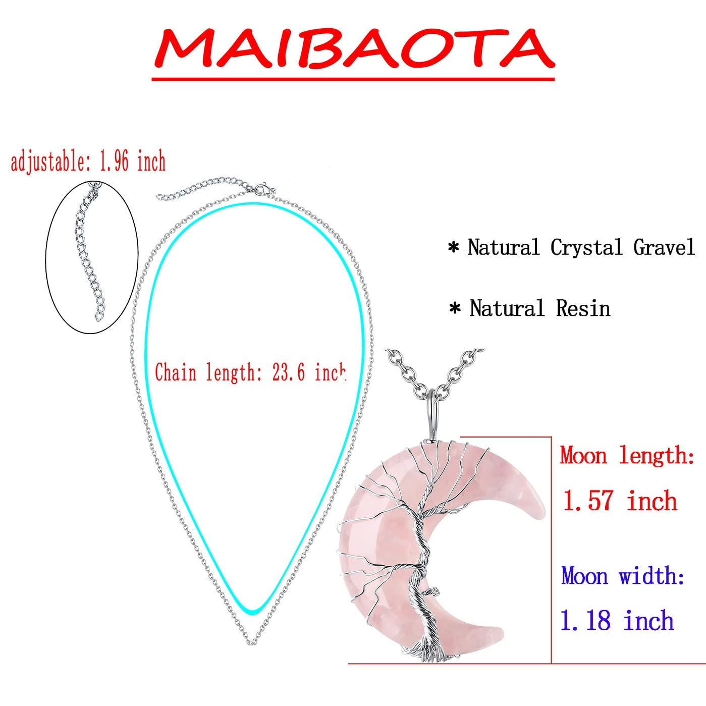 MAIBAOTA Rose Quartz Necklace Healing Crystal Stones Tree Life Wire Wrapped Crescent Moon Phase Pendant Necklace Mothers Day Gif