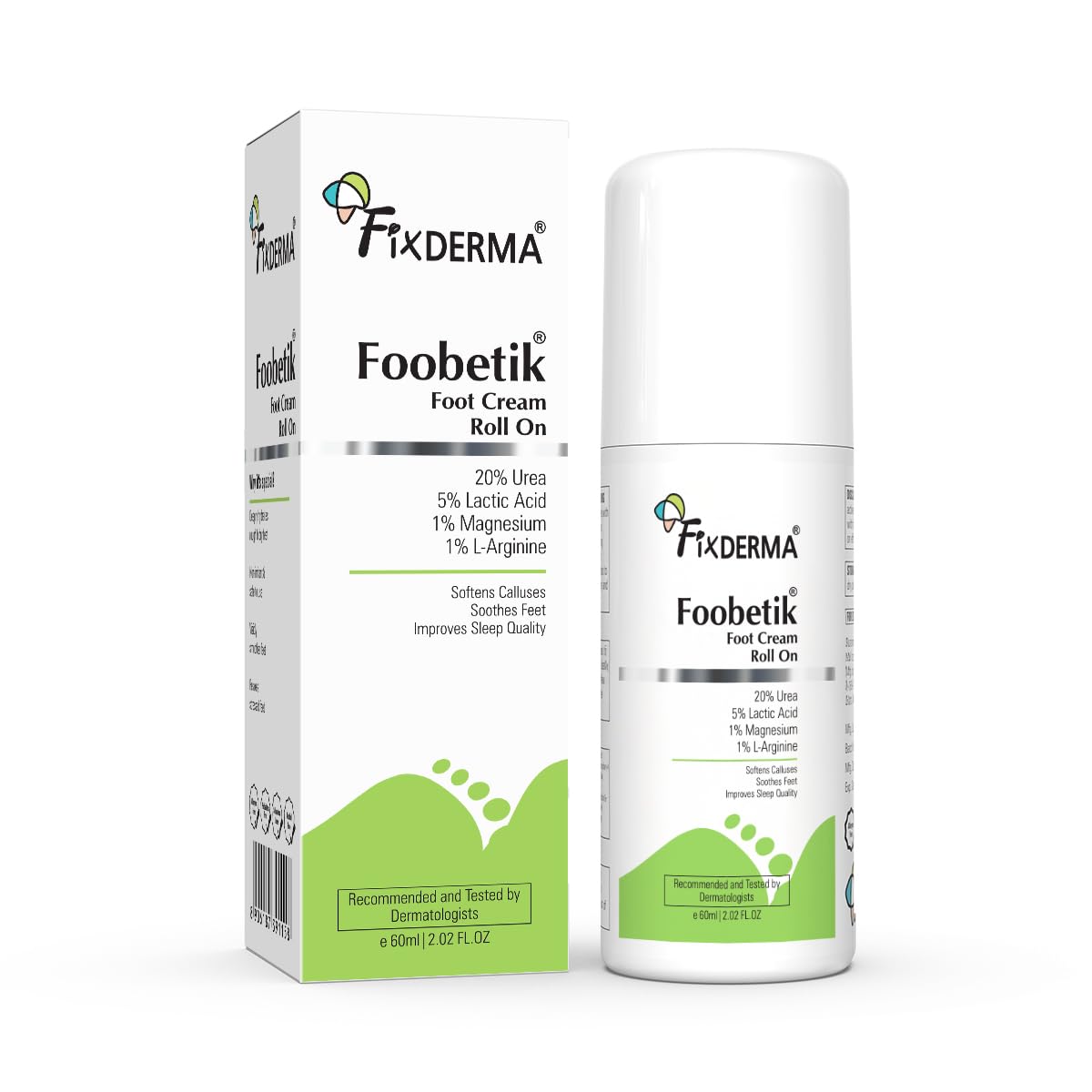 Fixderma Foobetik 20% Urea Foot Roll On For Dry & Cracked Heels With 5% Lactic Acid & 1% Magnesium | Dermatologically Tested | H