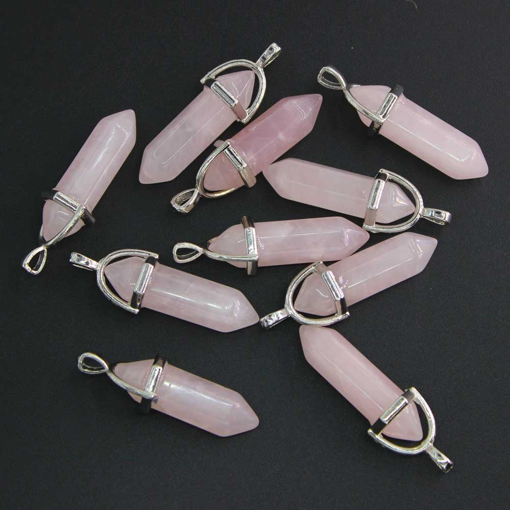 Rose Quartz Crystal 10 PCS Rose Quartz Point Hexagonal Healing Reiki Stone Pendant Bulk for Jewelry Making
