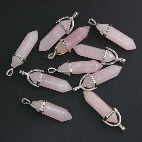 Rose Quartz Crystal 10 PCS Rose Quartz Point Hexagonal Healing Reiki Stone Pendant Bulk for Jewelry Making