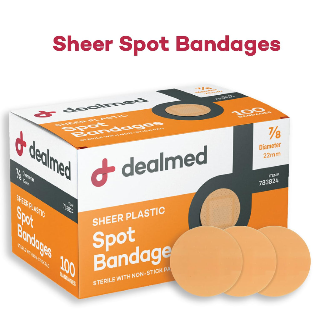 Dealmed Sheer Plastic Spot Bandages - 7/8    Small Round Sterile Strips, Adhesive Outer with Non-Stick Pad, Latex Free, Wound Ca