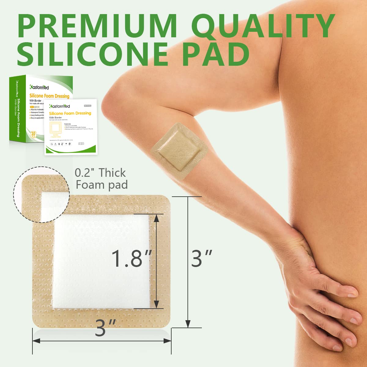Silicone Adhesive Foam Dressing with Gentle Border 3x3 10 Pack, High Absorbency Foam Wound Bandage for Bed Sore Leg Ulcer Fo