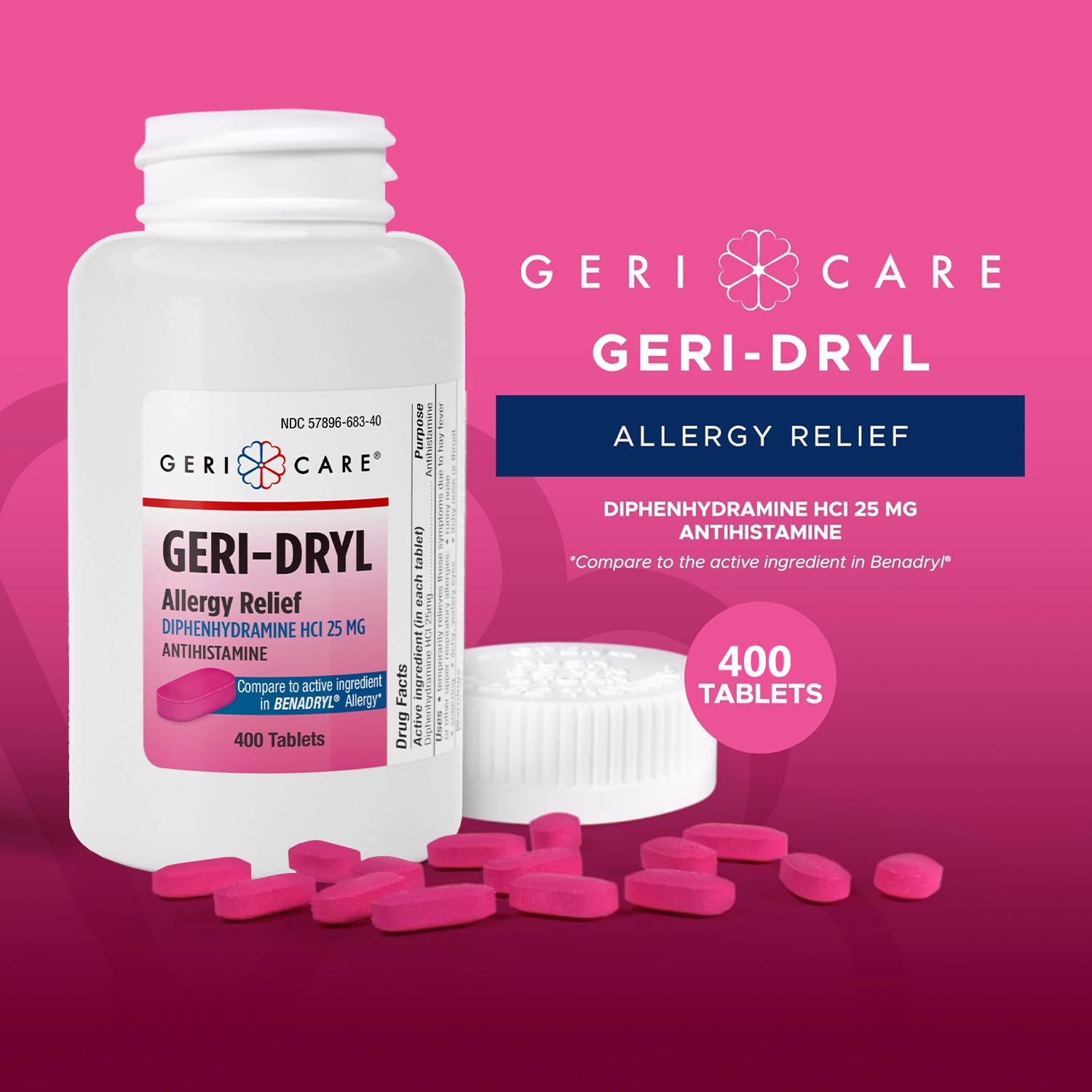 Geri-Dryl Allergy Relief Tablets (400 Count) by GeriCare| Diphenhydramine HCI 25mg Antihistamine Tablets for Sneezing, Runny Nos