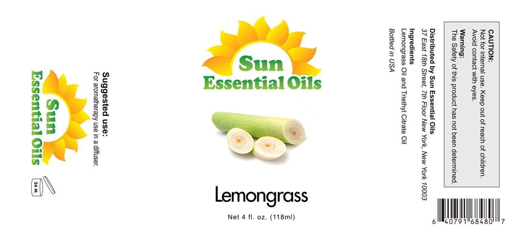 Sun Essential Oils - Lemongrass Essential Oil 4 oz with Dropper for Diffuser, Hair & Skincare, Aromatherapy Massage, Humidifier,