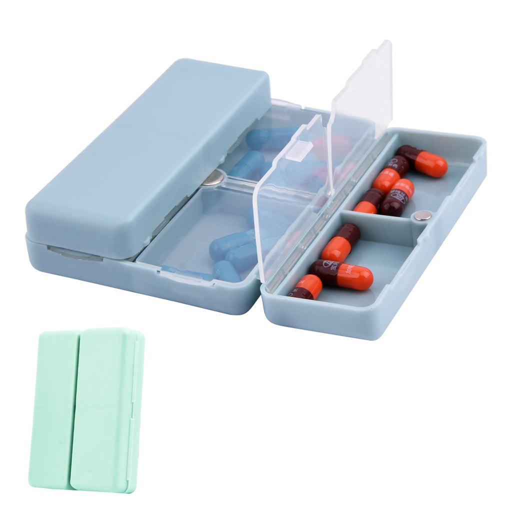 Xiaokeis 2 Pcs Pill Organizer, Travel Pill Organizer, Pocket Pharmacy with 7 Compartments Design, Magnetic Travel Pill Box Pill