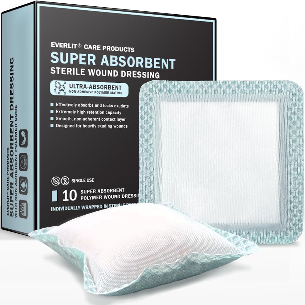 EVERLIT Super Absorbent Dressing for Wound Care | Nonstick Soft Surgical Gauze Pad for Heavily Exuding Wounds | Large Sterile No