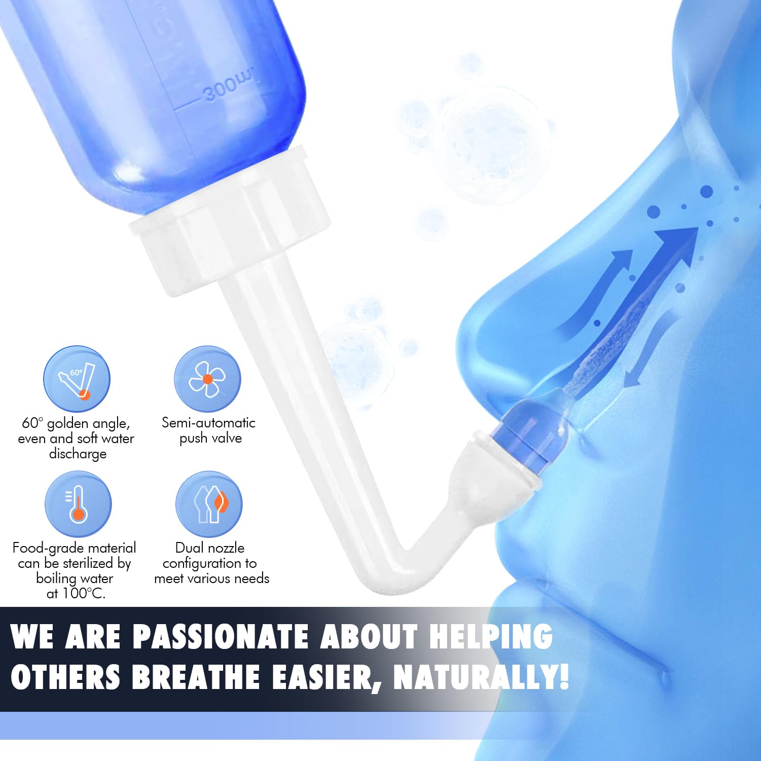 Showvigor Neti Pot Sinus Rinse Bottle - Gentle Nasal Wash Bottle Nose Cleaner for Effective Pressure Irrigatio 300 ML with 20 Na