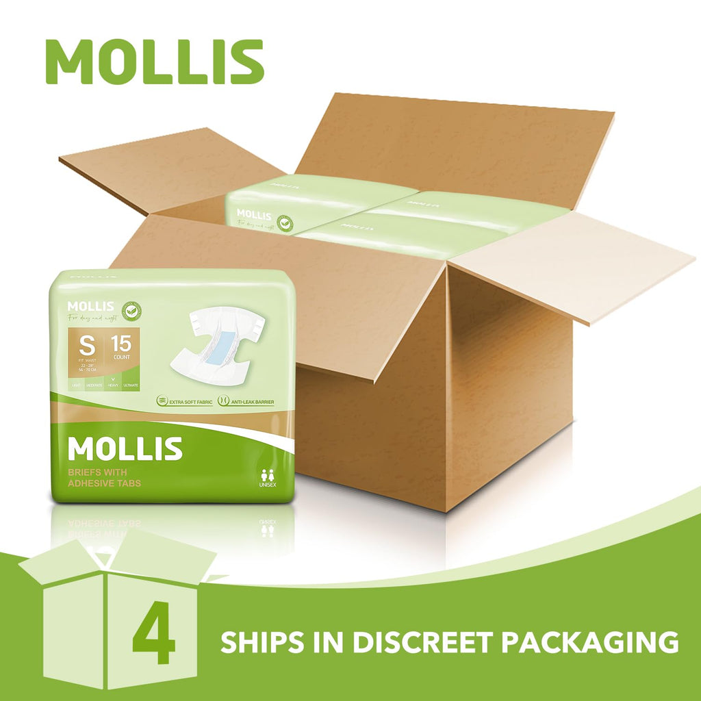 MOLLIS Adult Diapers for Women and Men, Unisex Disposable Incontinence Briefs with Tabs, Odor Control, Small, 15 Count