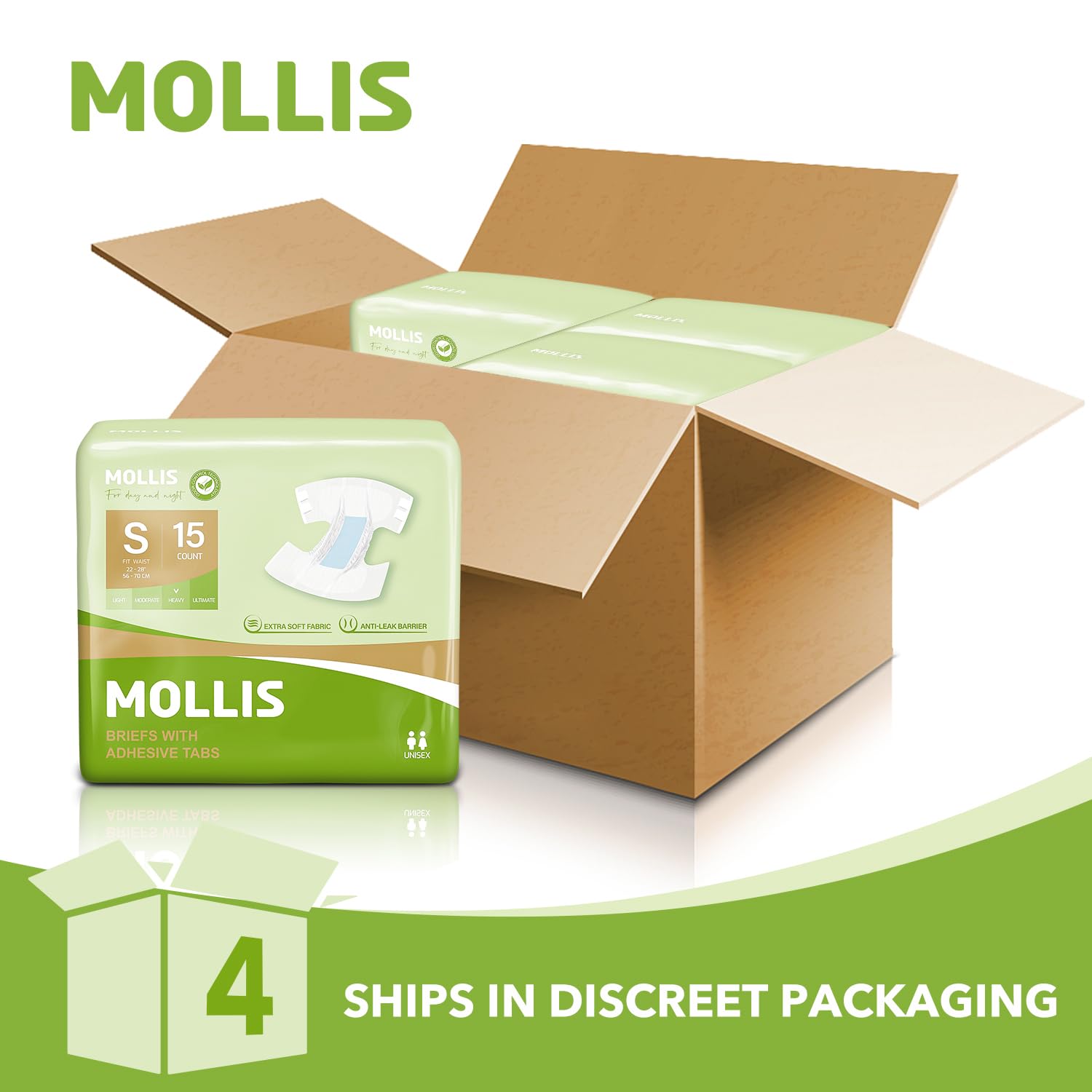 MOLLIS Adult Diapers for Women and Men, Unisex Disposable Incontinence Briefs with Tabs, Odor Control, Small, 15 Count