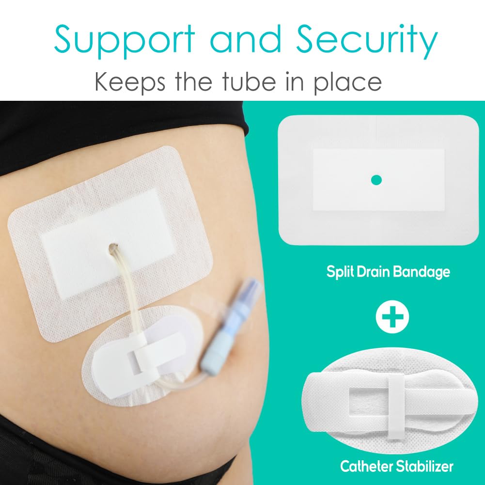 Peritoneal Dialysis PD Catheter Drain Split Bordered Gauze Island Dressing Pad for Stomach Feeding Peg J Tube| Individually Pack