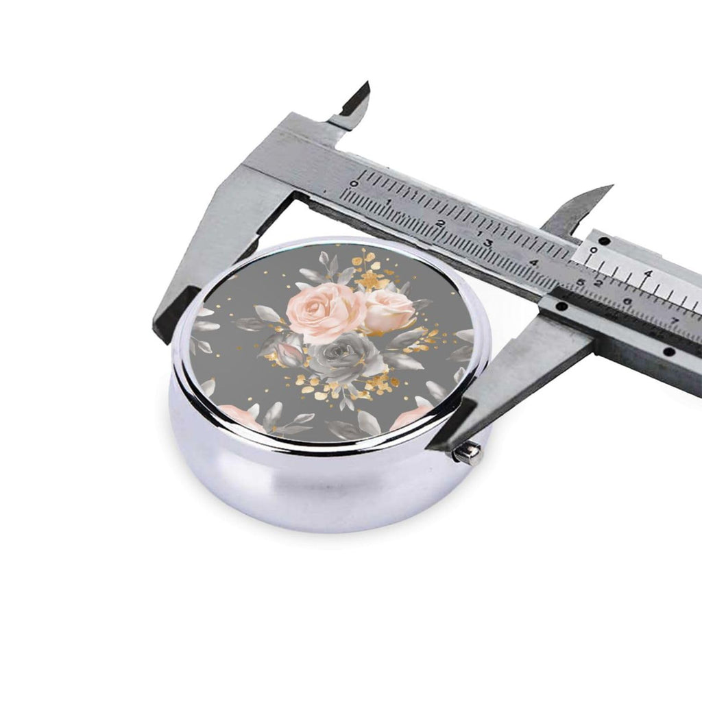 keluki Golden Blush Roses On Gray Watercolor Glitter Flowers Print Round Metal Pill Box with 3 Compartment for Pocket or Purse T