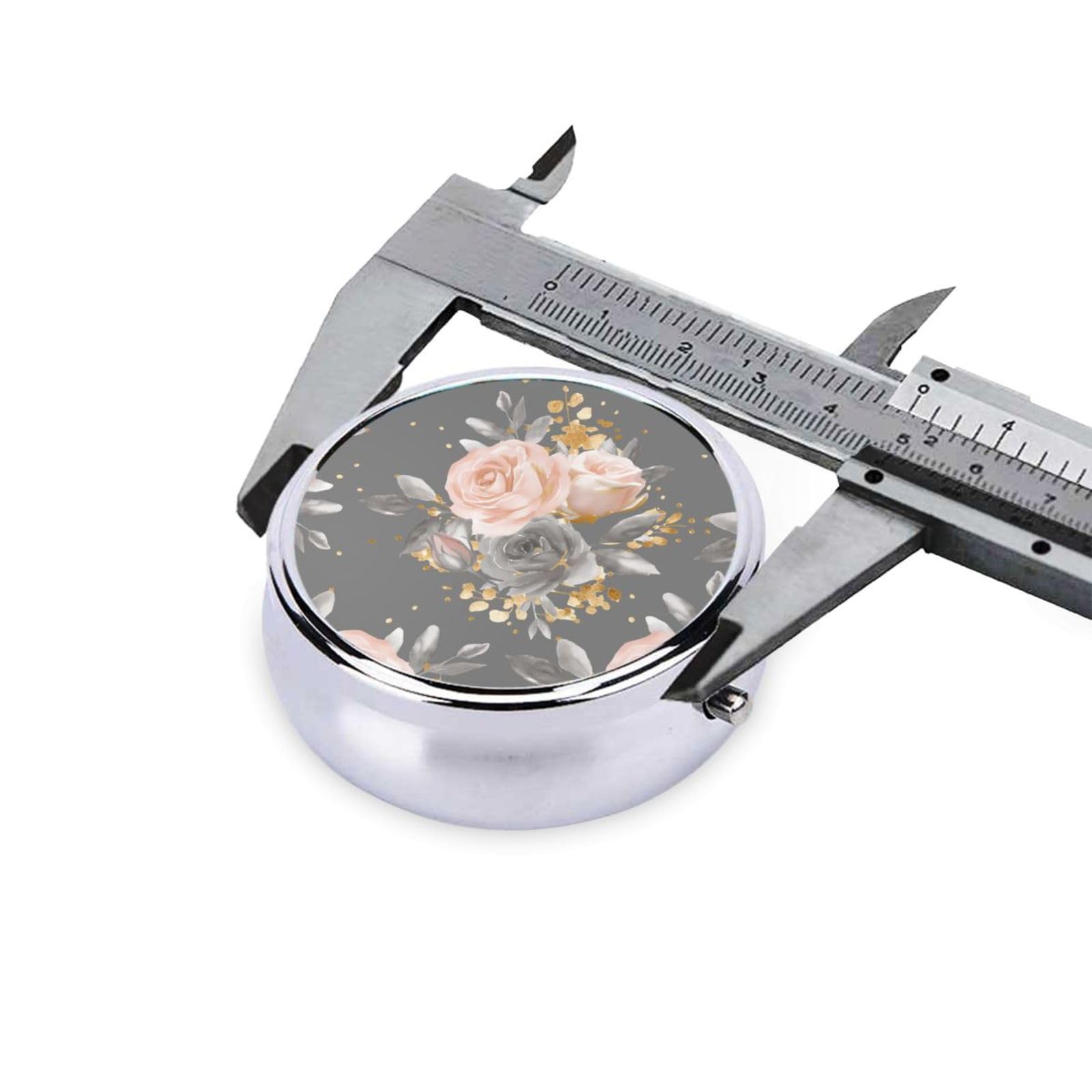 keluki Golden Blush Roses On Gray Watercolor Glitter Flowers Print Round Metal Pill Box with 3 Compartment for Pocket or Purse T
