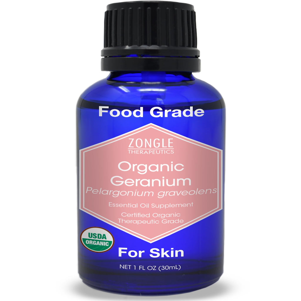 Organic, Geranium Essential Oil, Food Grade, for Skin - 100% Pure, Geranium Oil, by Zongle Therapeutics, 1 OZ