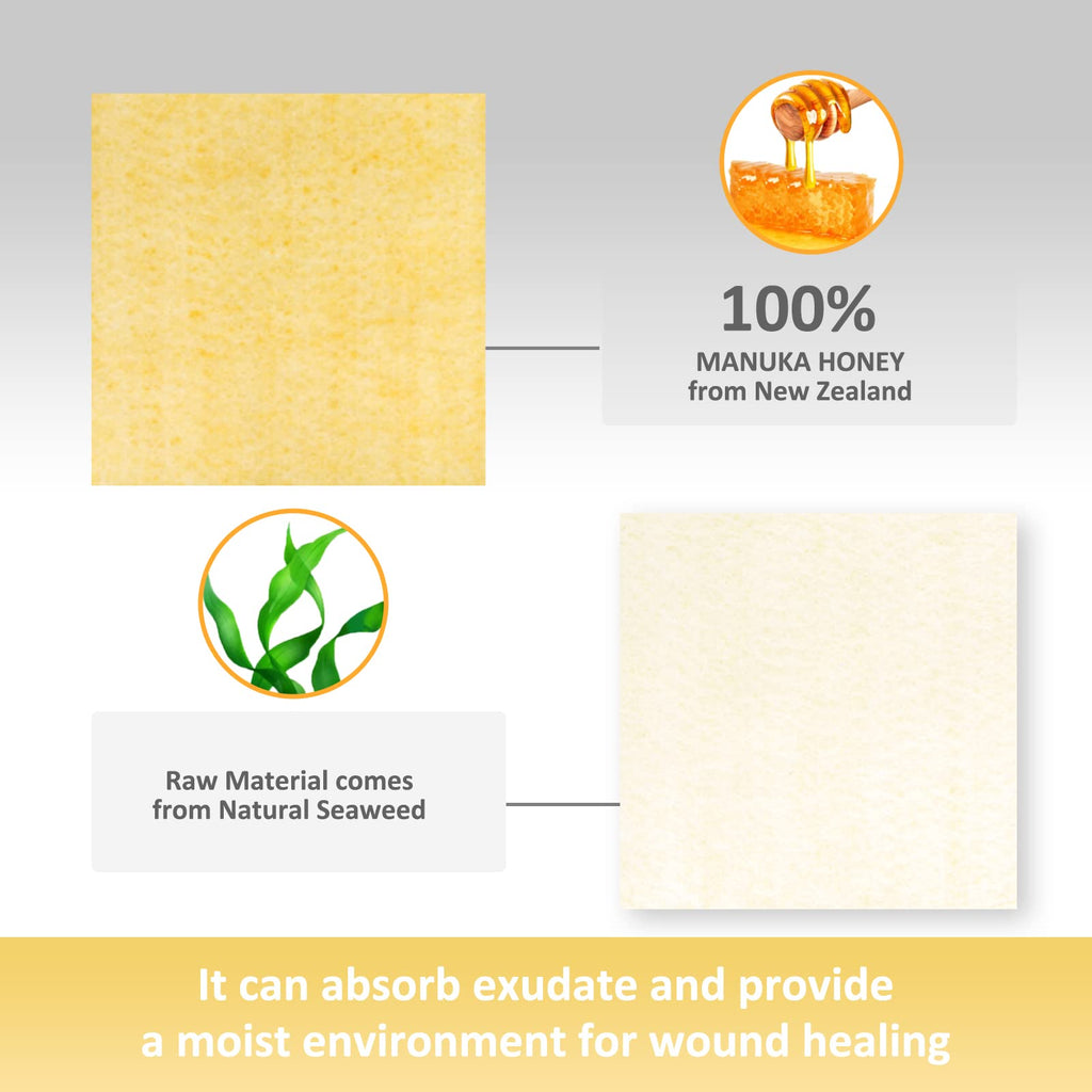 Dr. Med Manuka Honey Calcium Alginate Dressing 2x2 (10 PCS/Box), Highly Absorbent dressings with Honey for Abrasions, Burns, Dia