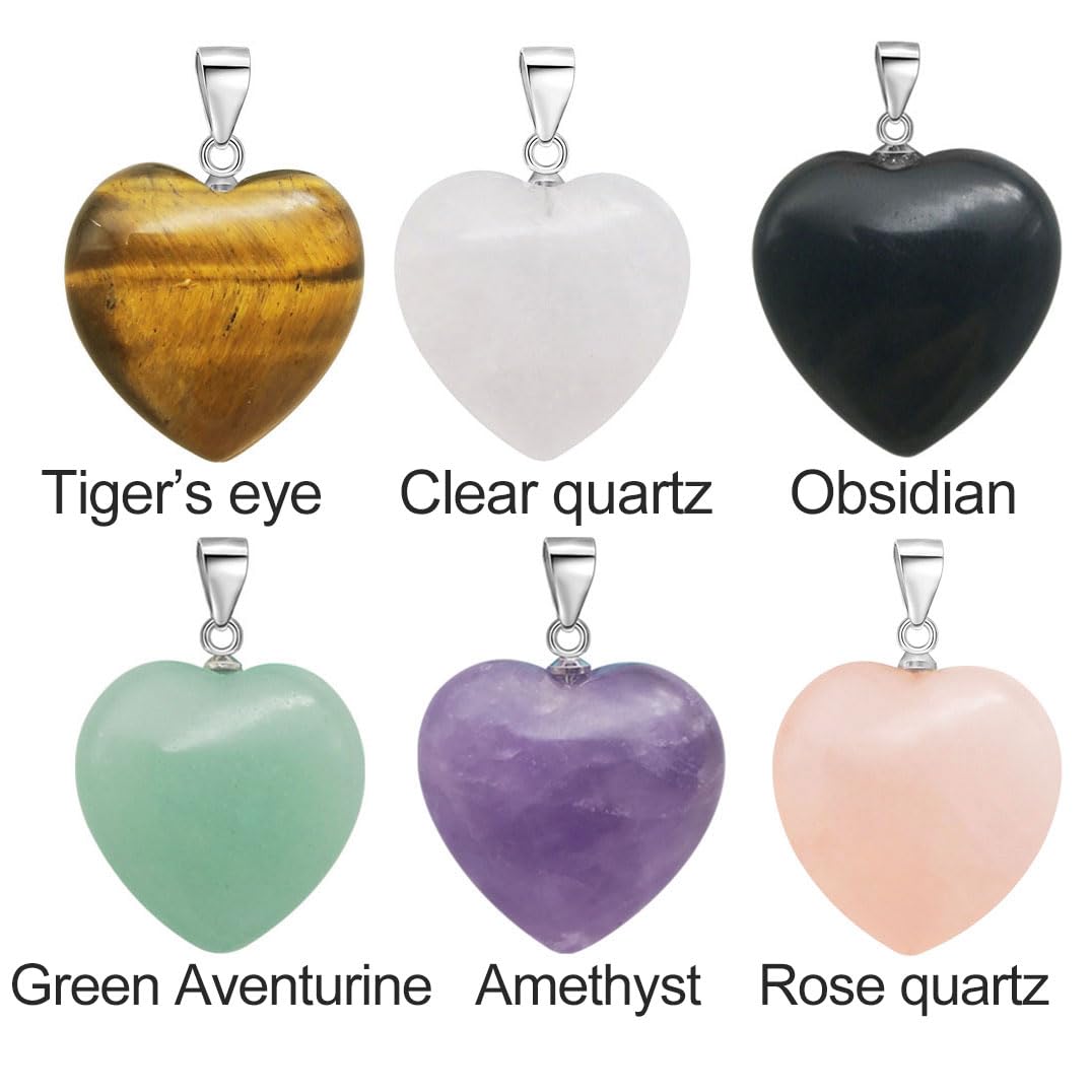 HEUOFST 6 Packs Real Natural Crystal Quartz Stone Pendant Assort Love Heart Shaped Healing Chakra Reiki Charms Bulk for Jewelry