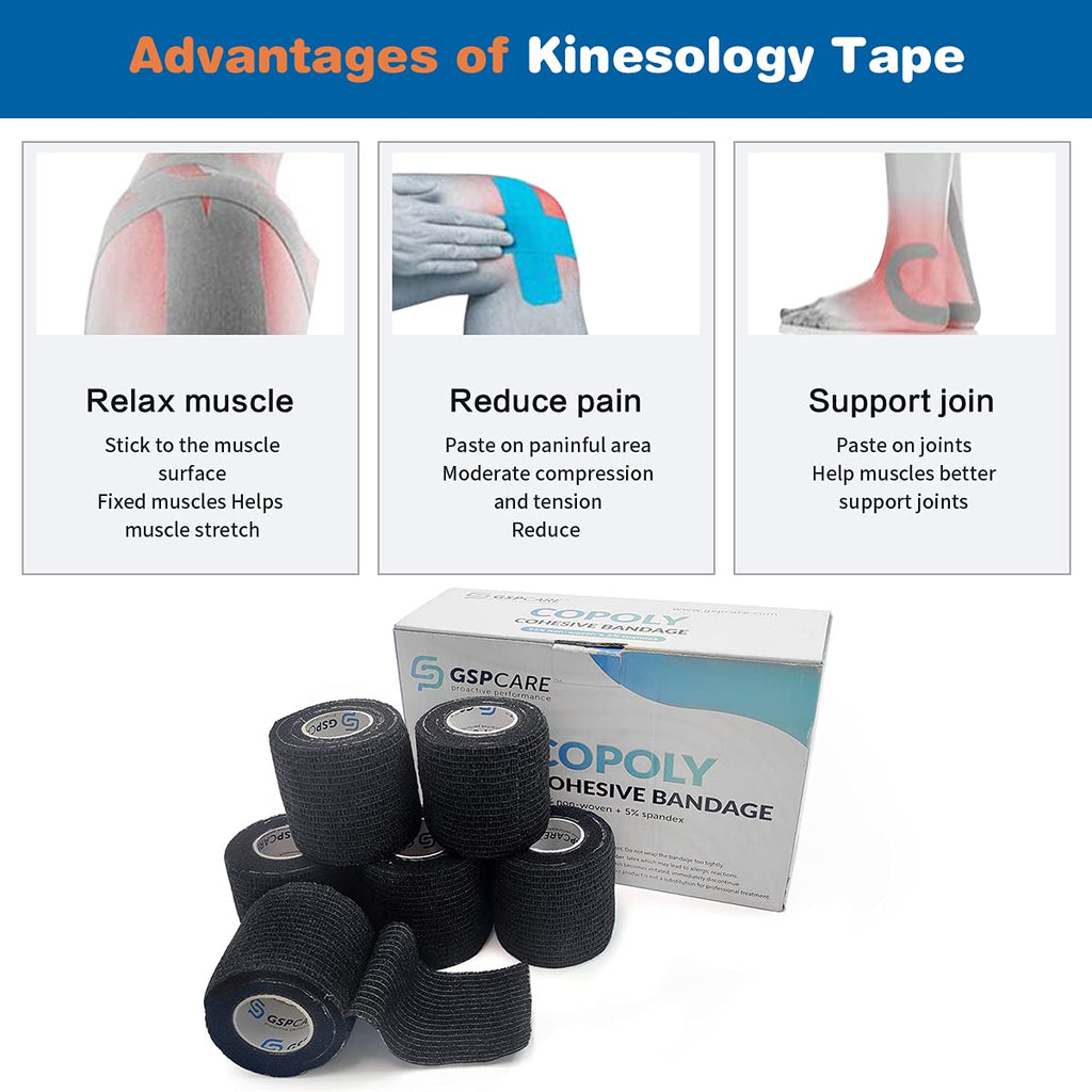 Self Adherent Cohesive Wrap Bandages 2 Inches (Black, 6 Count)
