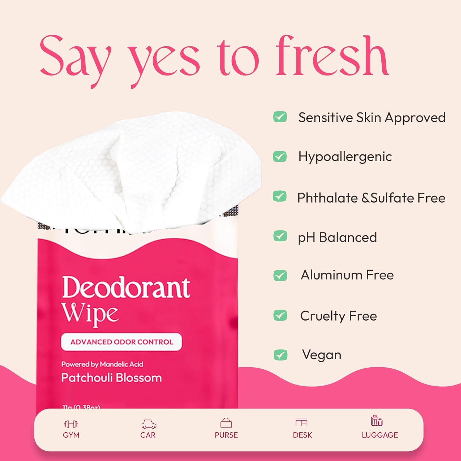 FOMIN Acidified Travel Deodorant Wipes For Women & Men - 50 Count - Patchouli Blossom - pH Balanced, Mini Deodorant Travel Size