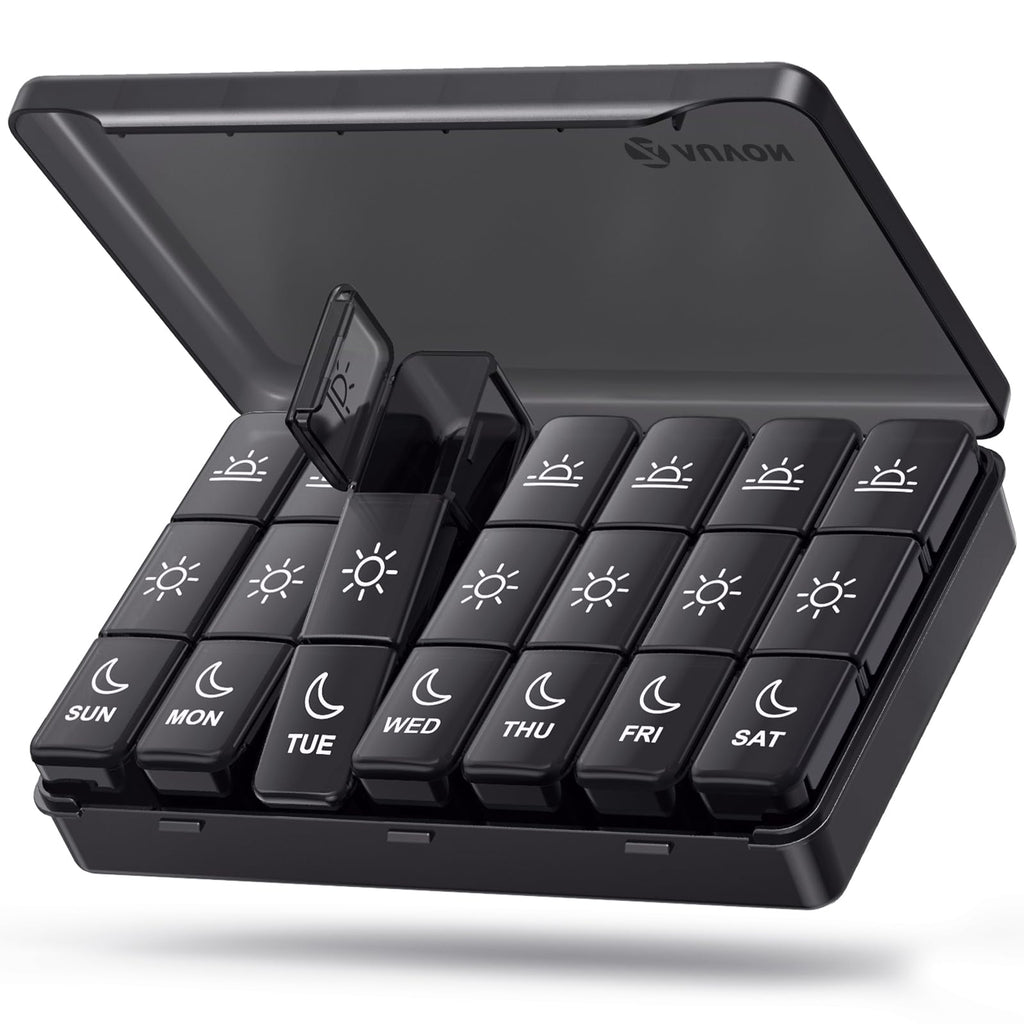 AUVON Weekly Pill Organizer 3 Times a Day, Large Pill Box 7 Day with Dual Protection for Travel, Black Pill Case for Privacy Pro