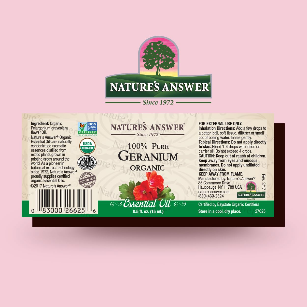 Natures Answer USDA Organic Geranium Essential Oil, 100% Pure | Natural Aromatherapy Oil for Diffuser/Humidifier, Steam Distille
