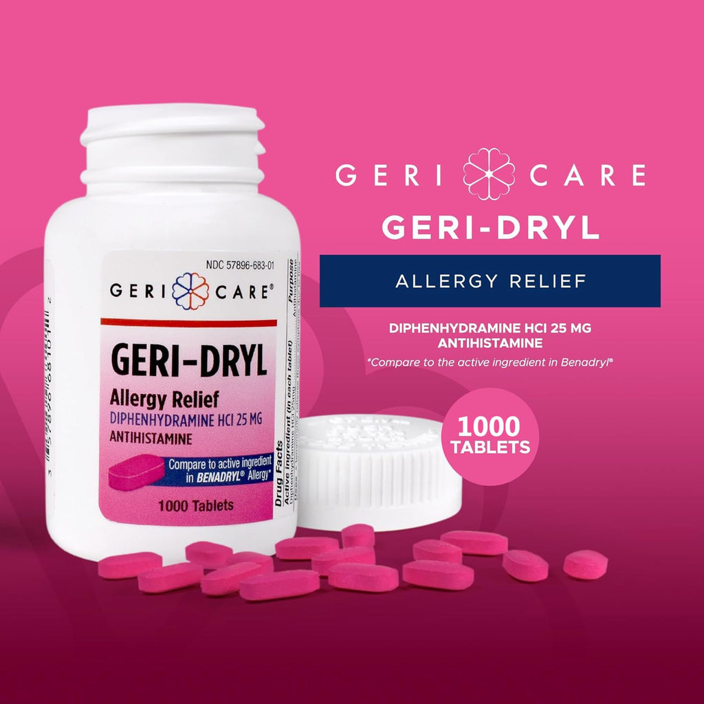 Geri-Dryl Allergy Relief Tablets (1000 Count) by GeriCare| Diphenhydramine HCI 25mg Antihistamine Tablets for Sneezing, Runny No