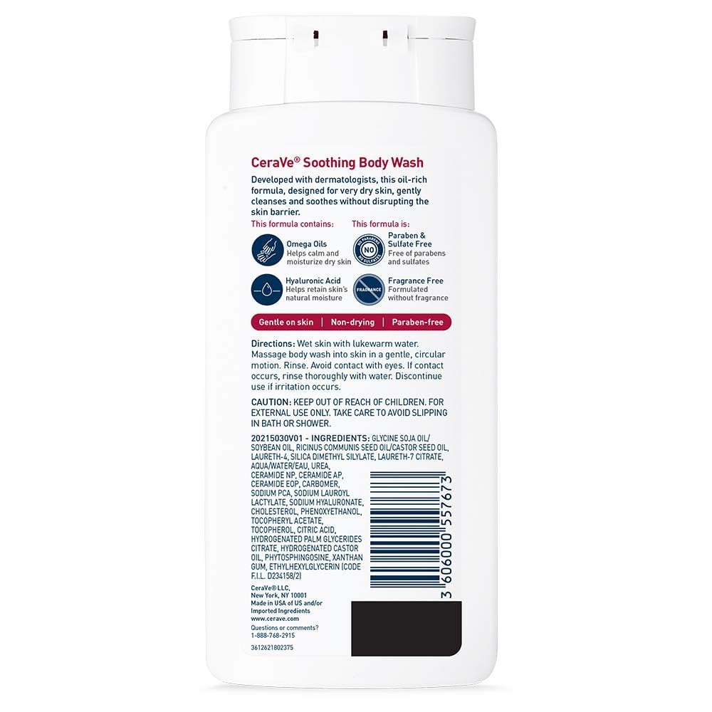 CeraVe Soothing Body Wash for Dry Skin | Shower Oil for Sensitive, Dry, Itchy, and Eczema-Prone Skin | Fragrance Free & Paraben