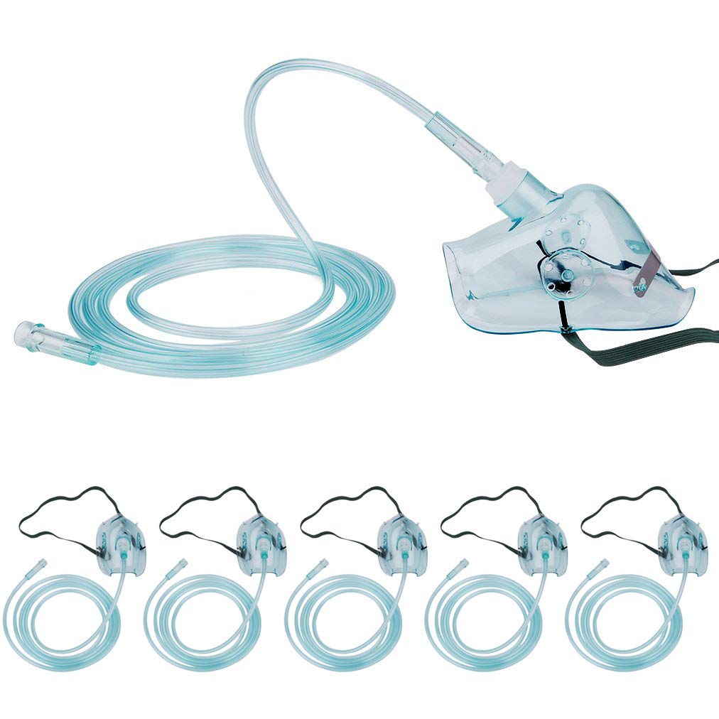 Healva 5 Pack Oxygen Mask with 6.6' Tubing and Adjustable Elastic Strap - Adult Europe Size L