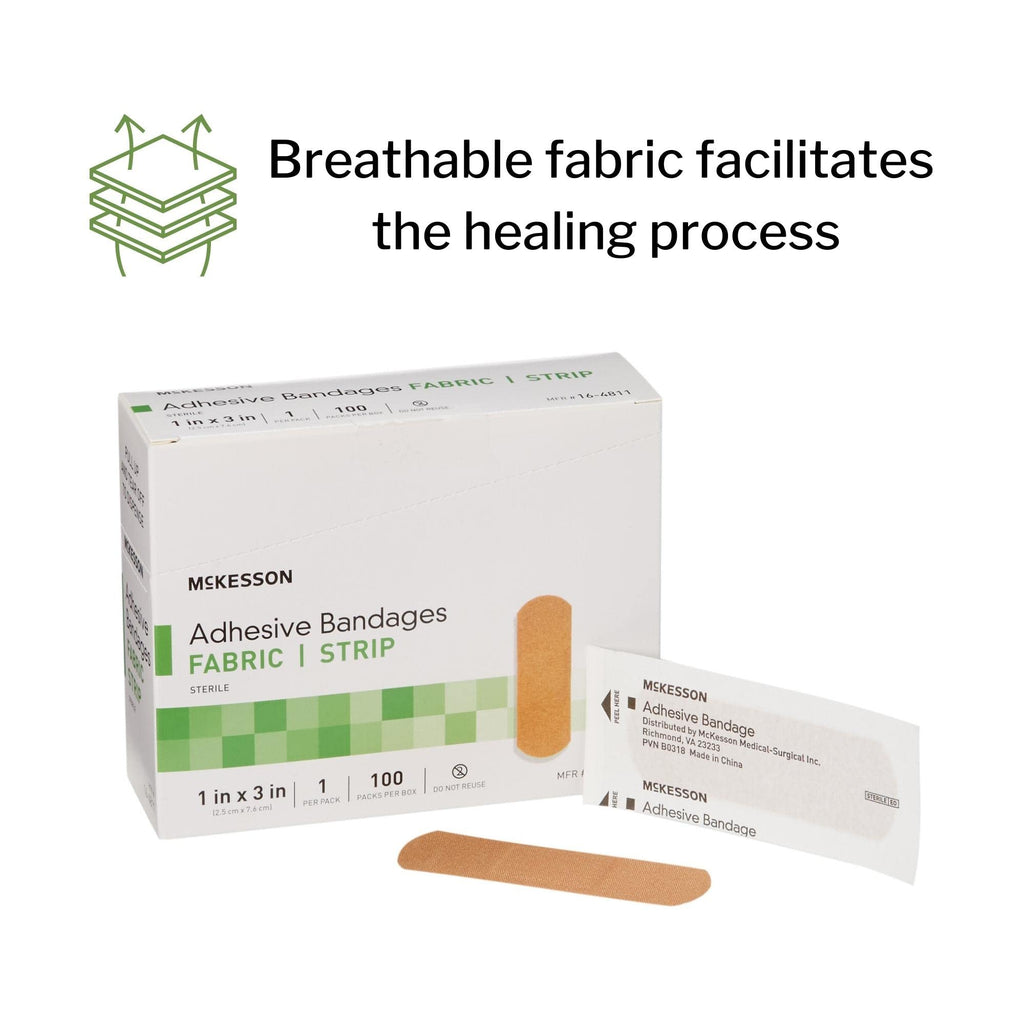 McKesson Adhesive Bandages, Sterile, Fabric Strip, 1 in x 3 in, 100 Count, 2 Packs, 200 Total
