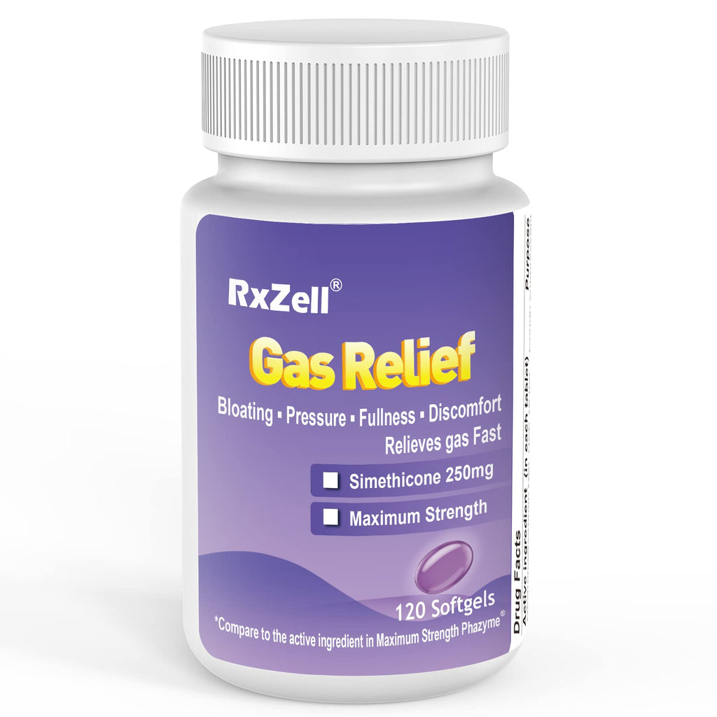 RXZELL Gas Relief, Maximum Strength Simethicone 250mg, 120 Softgels - Anti Flatulence Relieves Gas Fast, Bloating Aid, Stomach D