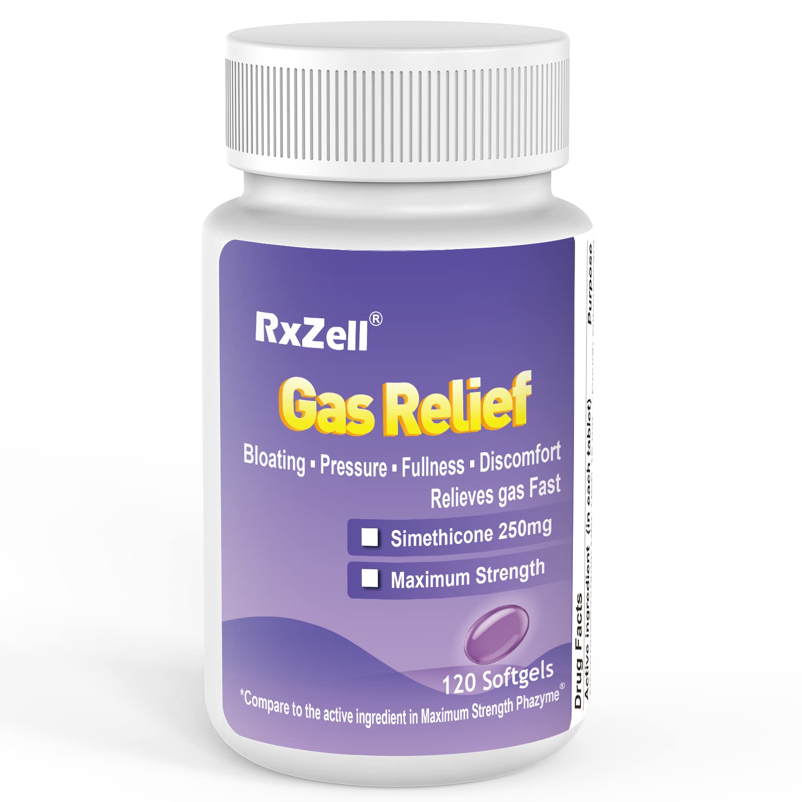 RXZELL Gas Relief, Maximum Strength Simethicone 250mg, 120 Softgels - Anti Flatulence Relieves Gas Fast, Bloating Aid, Stomach D