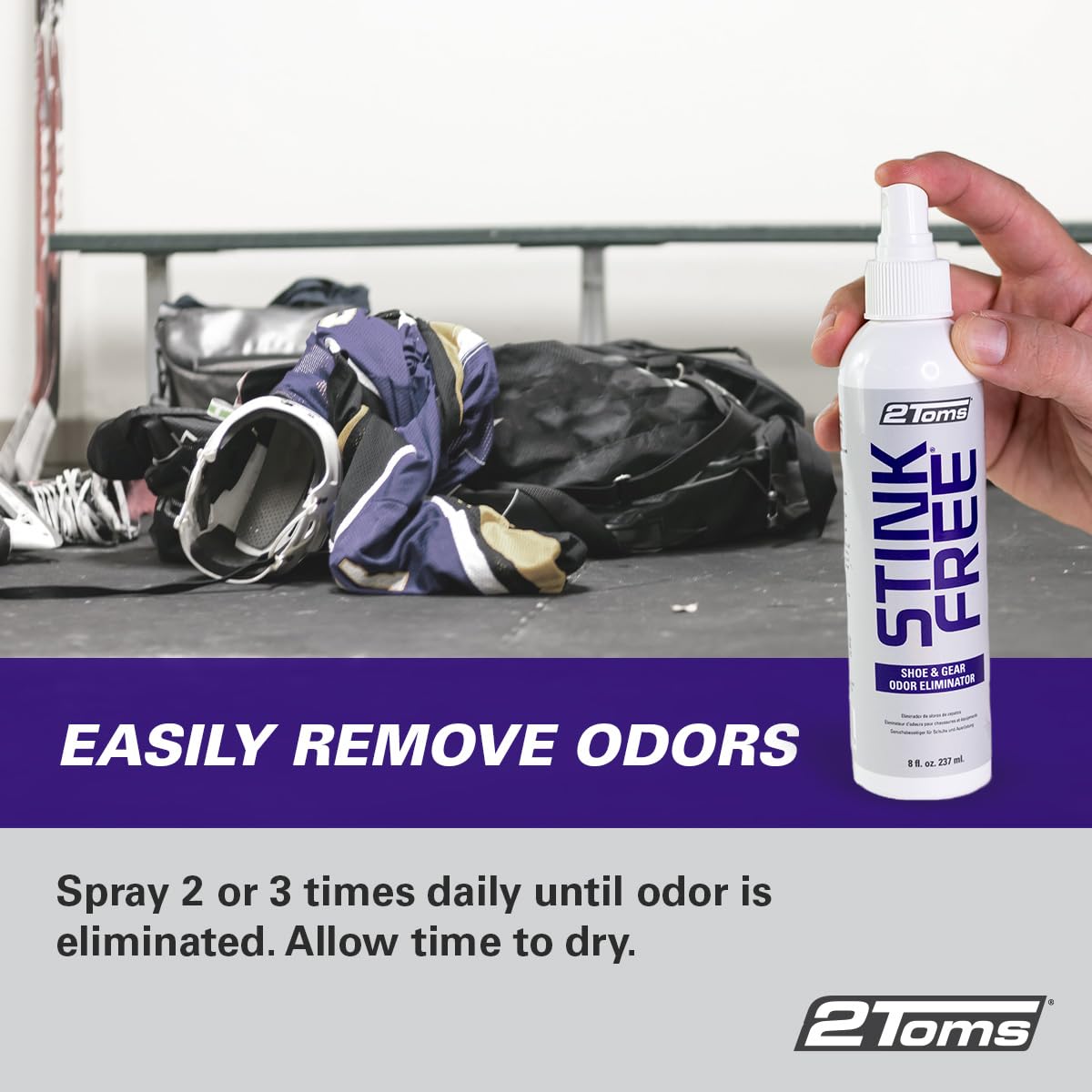 2Toms StinkFree Shoe Odor Eliminator Spray, Removes Odors Caused by Sweat in Shoes, Sneakers, Cleats, Boots & Gear, 8 Ounce Bott