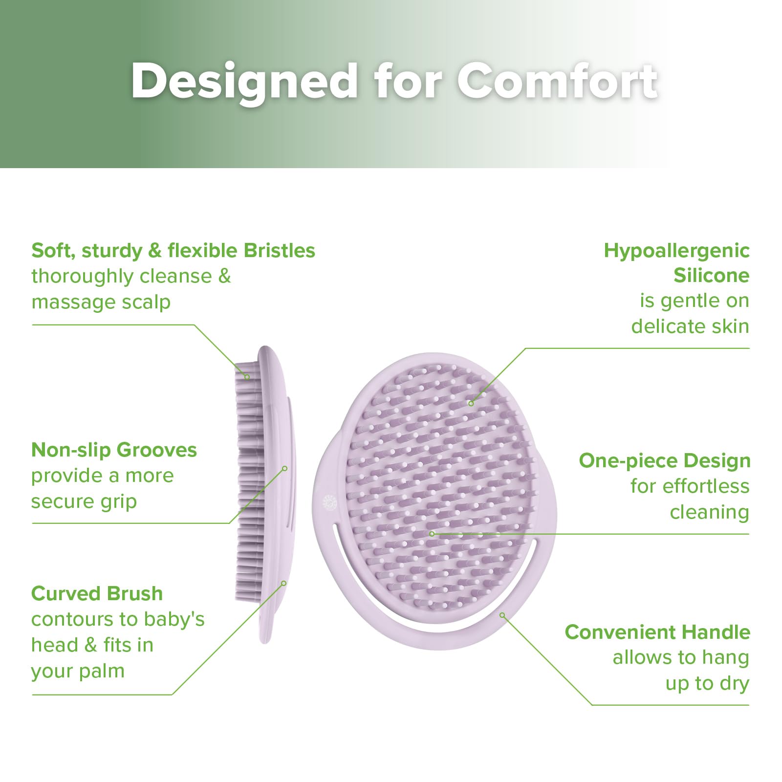 haakaa Silicone Shampoo Brush - Cradle Cap Brush Comb - Baby Hair Scrubber - Scalp Massager for Newborns & Toddlers - 1pk-Lavend