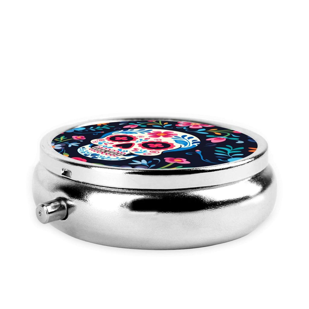 keluki Mexican Sugar Skull and Flowers Print Round Metal Pill Box with 3 Compartment for Pocket or Purse Travel Bag Mini Small S