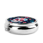 keluki Mexican Sugar Skull and Flowers Print Round Metal Pill Box with 3 Compartment for Pocket or Purse Travel Bag Mini Small S