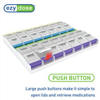 EZY DOSE Weekly (7-Day) Pill Case, Medicine Planner, Vitamin Organizer Box, 4 Times a Day, X-Large Push-Button Compartments, Con