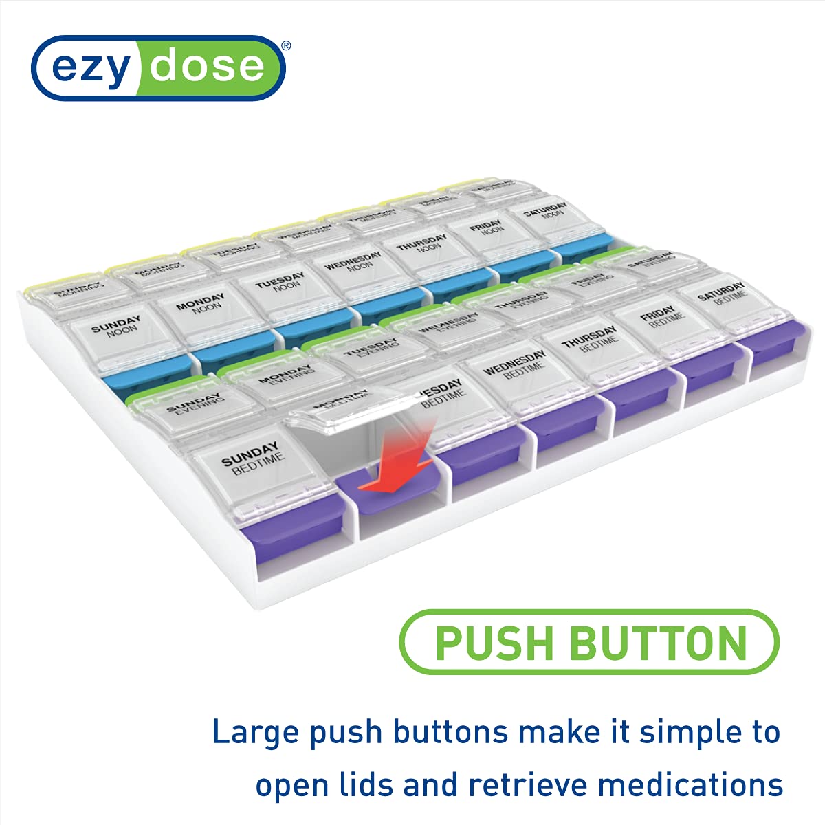 EZY DOSE Weekly (7-Day) Pill Case, Medicine Planner, Vitamin Organizer Box, 4 Times a Day, X-Large Push-Button Compartments, Con