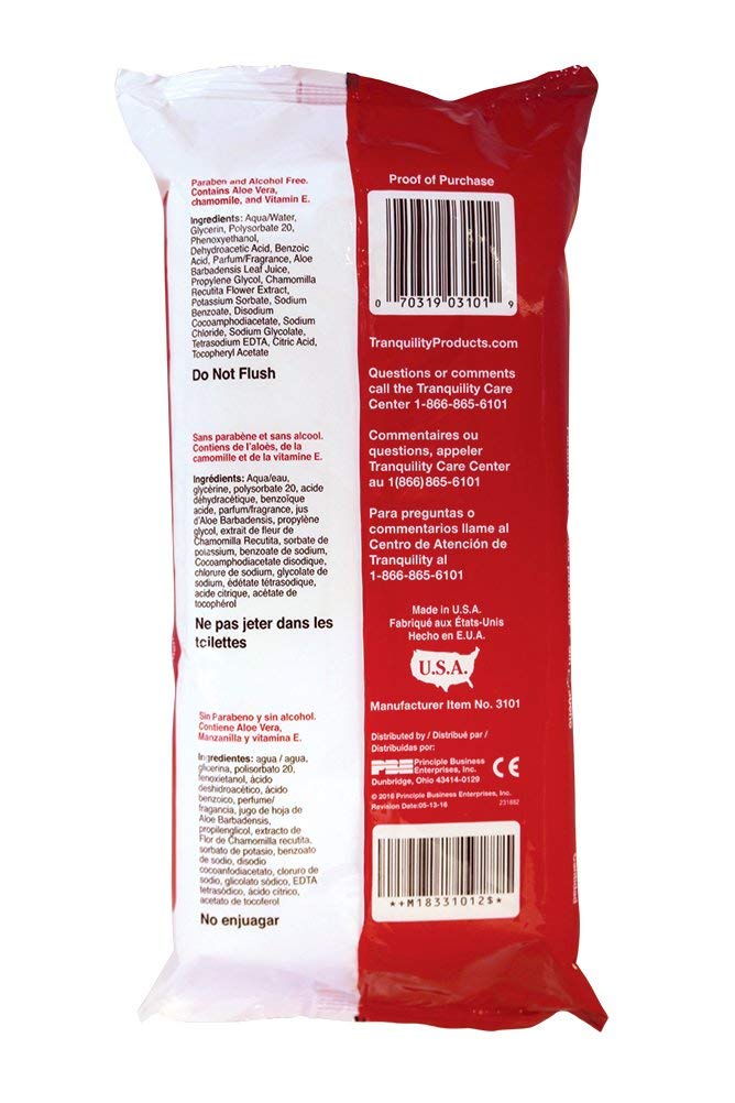 Tranquility Cleansing Wipes, Adult Size Disposable Wet Washcloths, Enriched with Aloe Vera, Chamomille, & Vitamin E, Hypoallerge