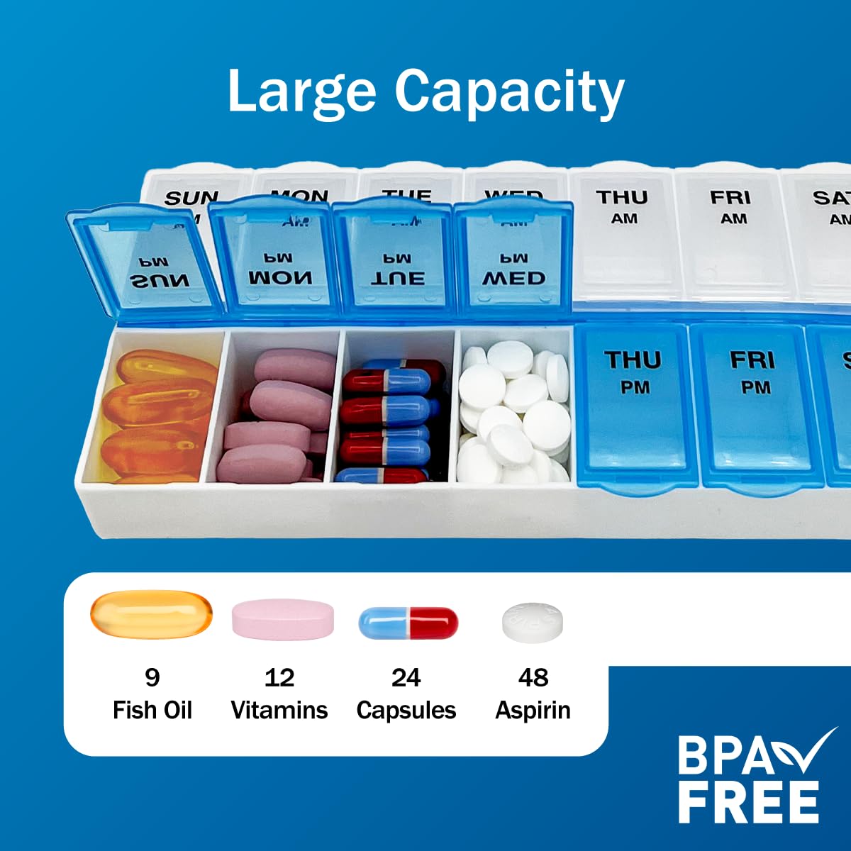 Amazon Basic Care (7-Day) AM/PM Pill Organizer, Vitamin Case, And Medicine Box, Large Compartments, 2 Times a Day, Blue and Clea