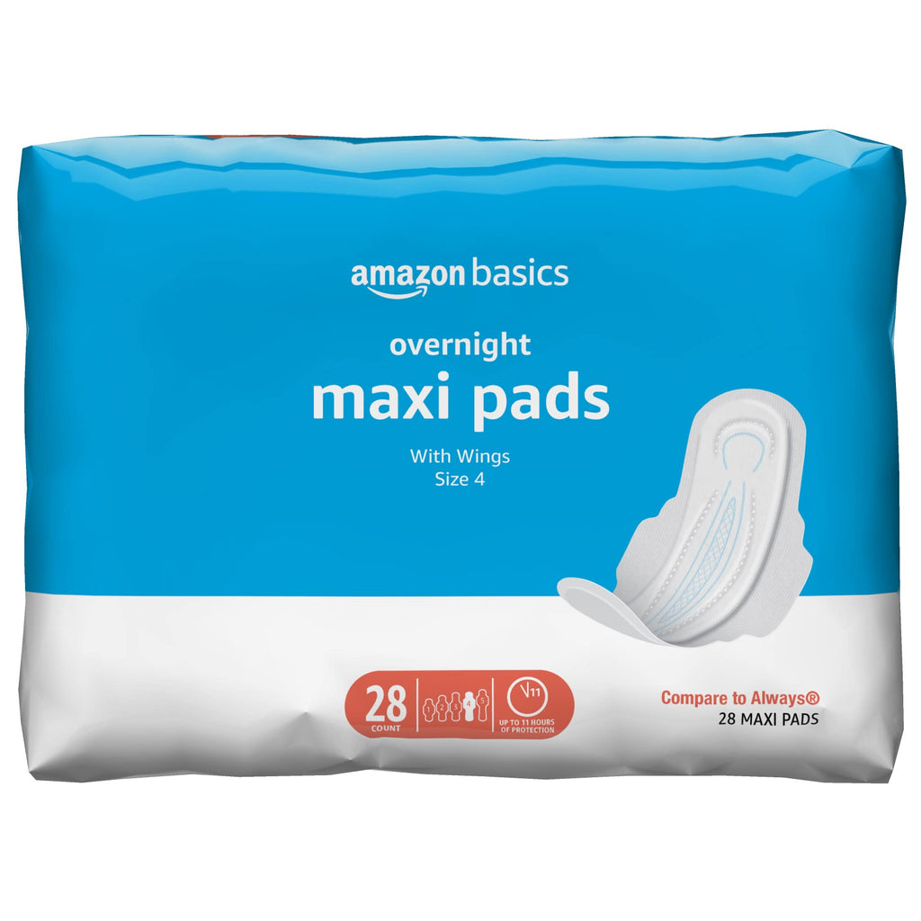 Amazon Basics Thick Maxi Pads with Flexi-Wings for Periods, Overnight Absorbency, Unscented, Size 4, 28 Count, 1 Pack (Previousl