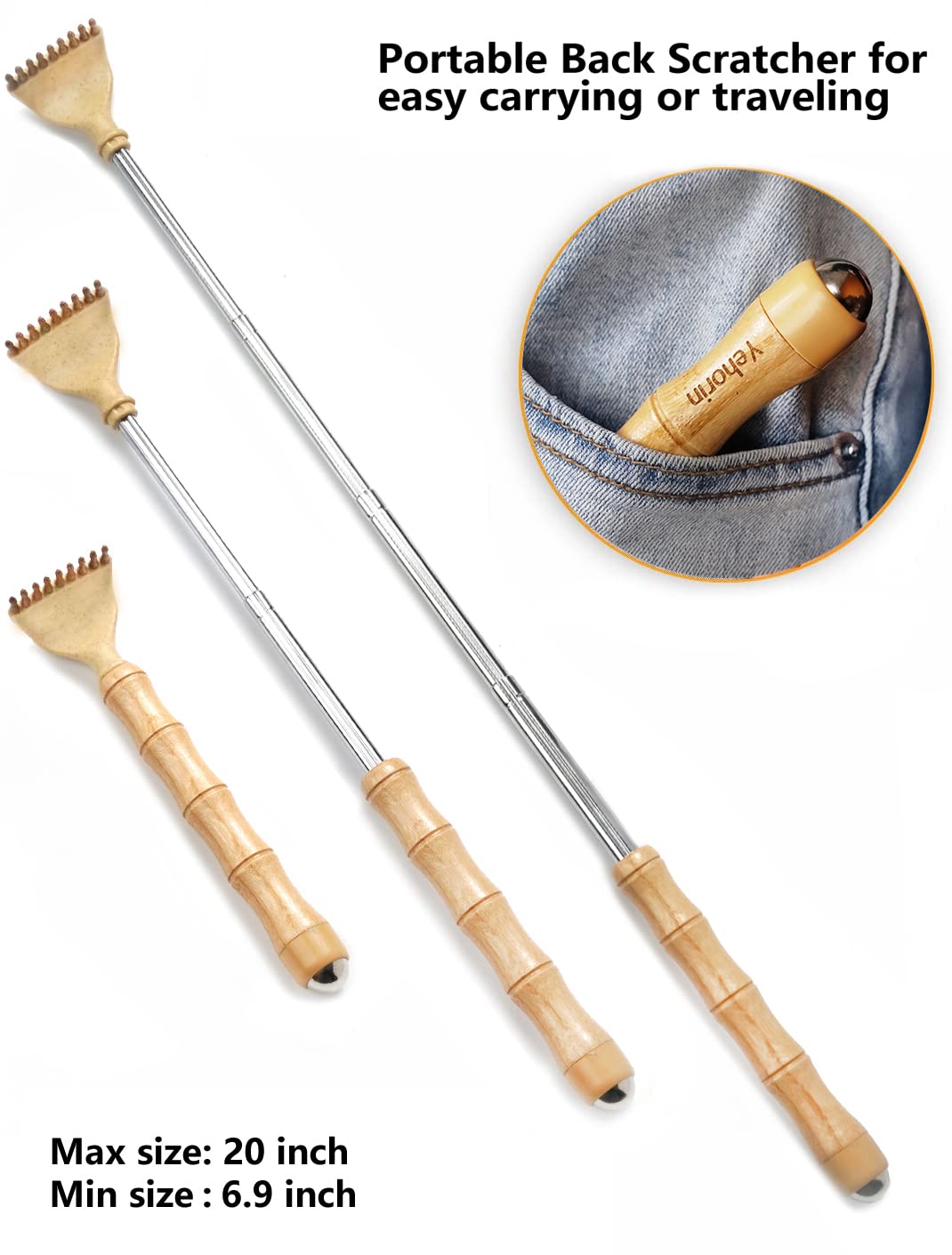 YEHORIN Back Scratcher Telescoping, Portable Extendable Bamboo Backscratcher for Men for Women with Beautiful Gift Packaging, Bo